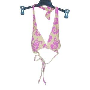 Floral Print Halter Style Bikini Yellow Pink Women's Medium 70s Hippie Groovy